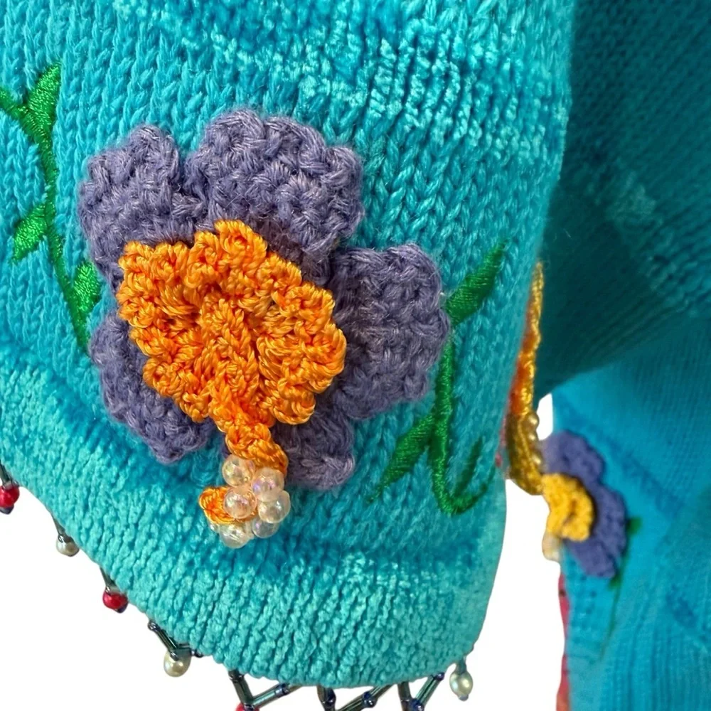 Berek Blue Art to Wear Hand Knitted Embellished Cardigan Sweater Rare Large VTG - Picture 5 of 16
